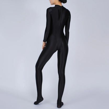 Womens Glossy Full Body Jumpsuit See Through Sheer Catsuits Bodystockings Long Sleeve Footed One Piece Gym Yoga Tights Bodysuit