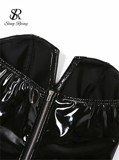 SINGREINY Strapless PU Leather Sexy Bodysuits Ladies Zipper Design Bodycon Top Fashion Streetwear Open Crotch Sensual Playsuits