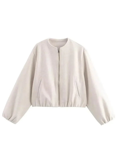 Ladies Fashion Autumn Winter Jacket Women Retro Round Neck Long Sleeve Elastic Hem Zipper Soft Bomber Jacket Women Coat Female