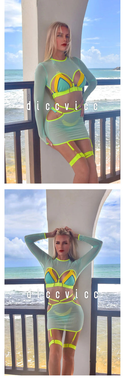 Diccvicc Long Sleeve Lingerie Sexy Sheer Mesh Porn Top Crotchless Skirt Naked Bandage Women Underwear Uncensored Erotic Costume