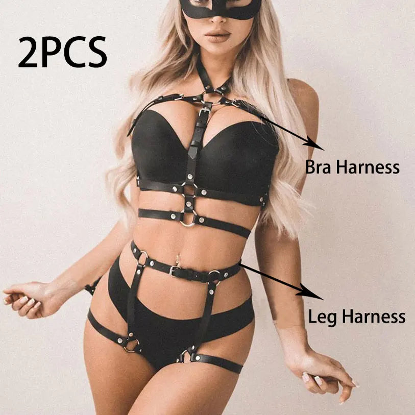 Women Sexy Leather Lingerie Body Harness Belt Suspenders BDSM Garter Belt Lingerie Bondage Leg Harness Goth Clothing Rave Outfit