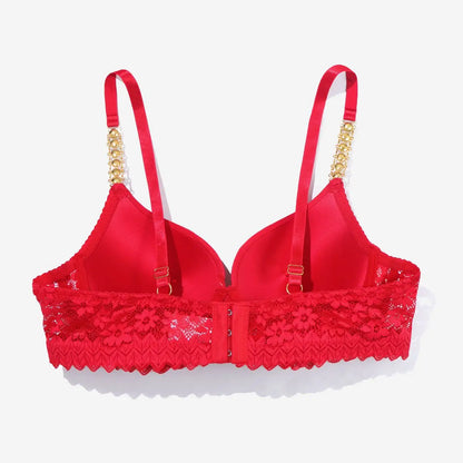 Beauwear Push Up Padded Bra With Rhinestone And Metallic Texture Lace Design