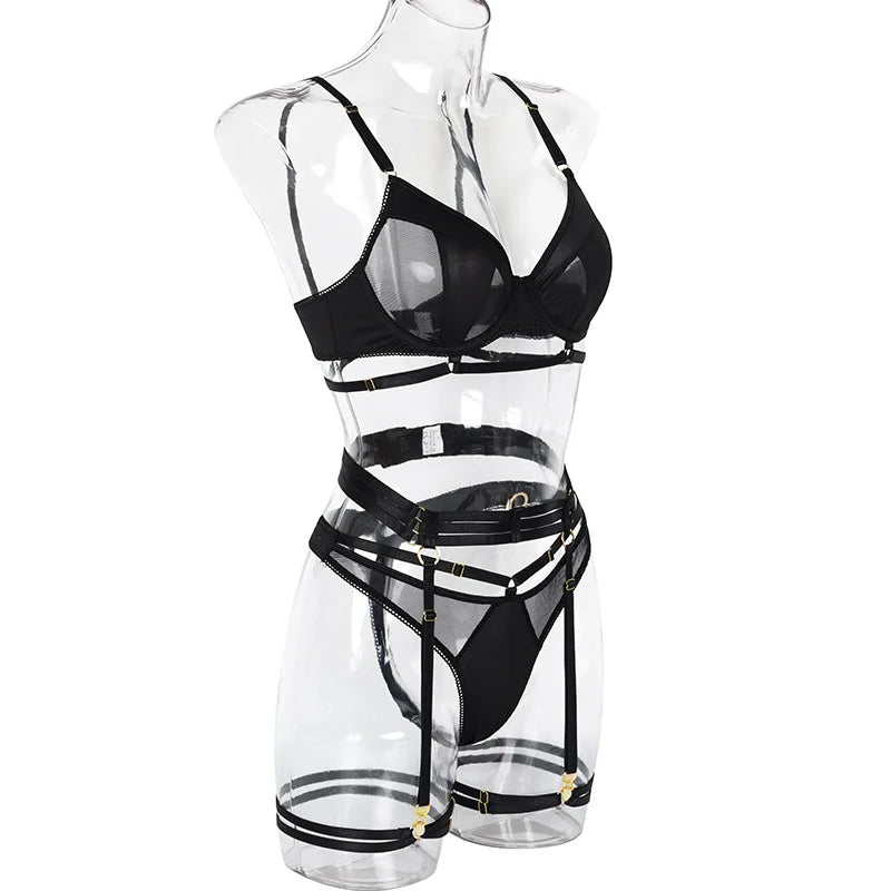 Yimunancy 3-Piece Black Bra Set Women Patchwork See Through Mesh Lingerie Set Ladies Sexy Panty Underwear Set