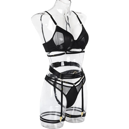 Yimunancy 3-Piece Black Bra Set Women Patchwork See Through Mesh Lingerie Set Ladies Sexy Panty Underwear Set
