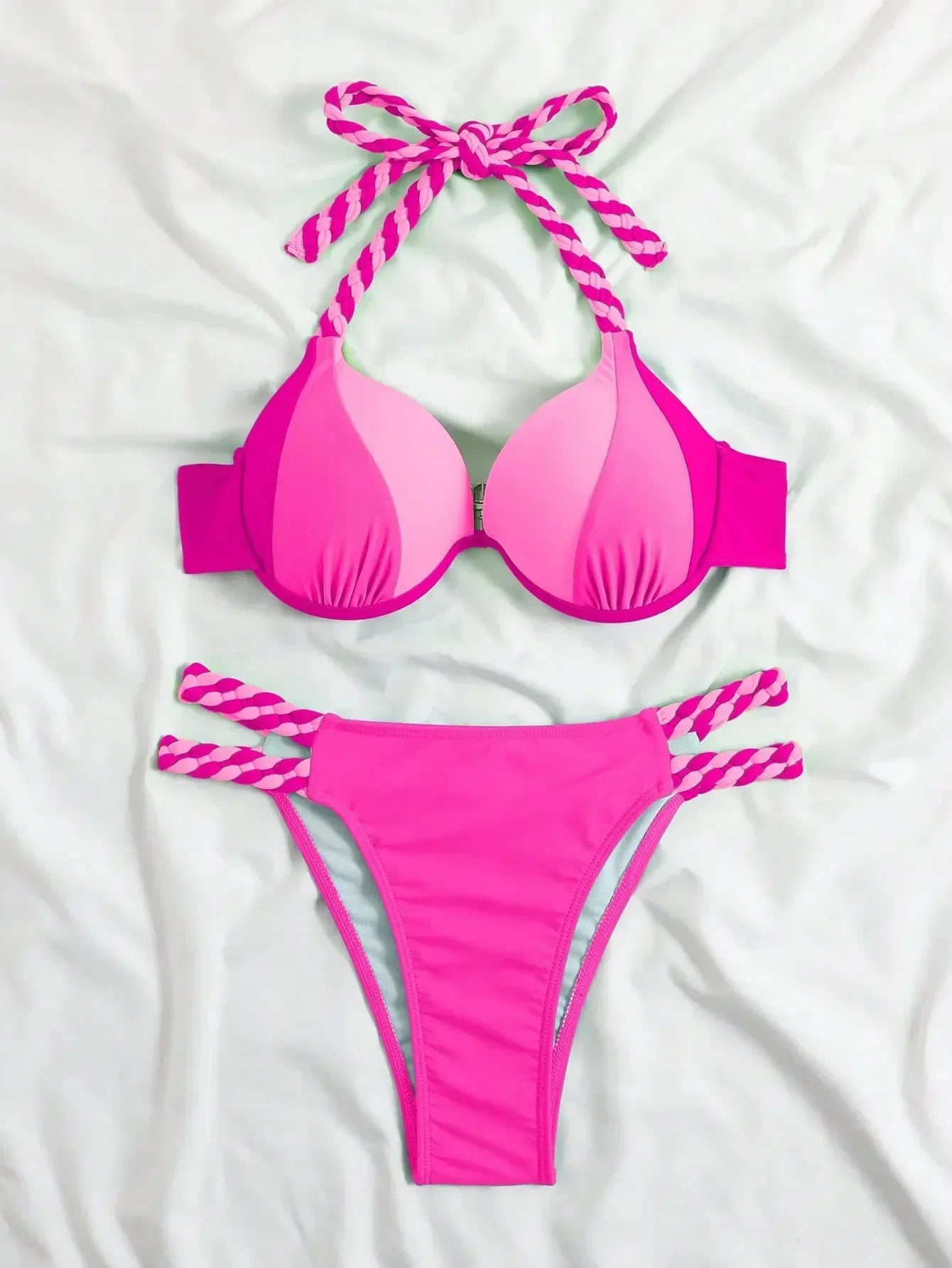 2026 New Bikini Swimsuit Women's Split Solid Color Sexy Belt Steel Tray Bikini Swimsuit