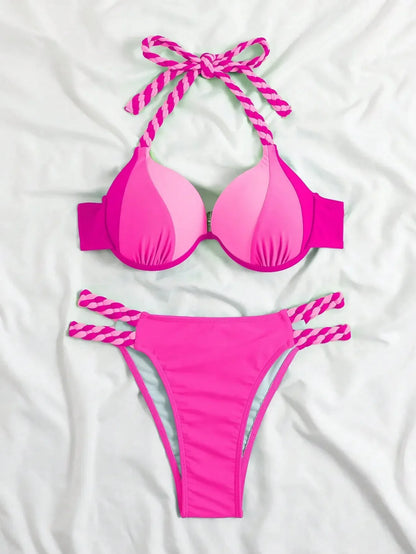 2026 New Bikini Swimsuit Women's Split Solid Color Sexy Belt Steel Tray Bikini Swimsuit