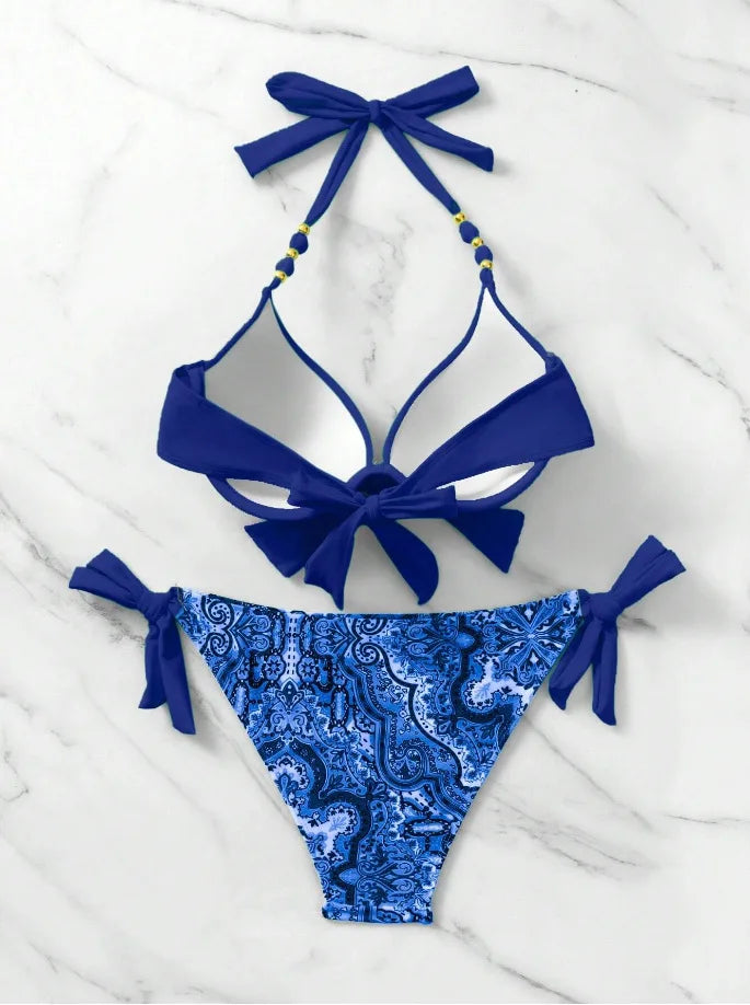 2025 Push Up Halter Bikini Printed Swimsuit Women Sexy Strappy Swimwear Female Bathers Bathing Swimming Swim Suit Beachwear