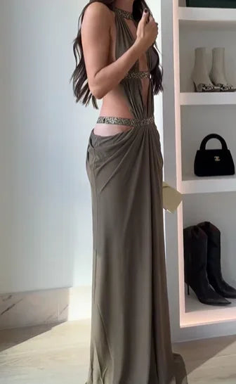 Women Sexy Hollow Out Sequin Halter Maxi Dresses Fashion Pleated Backless Sleeveless Slim Dress Chic New Lady Evening Party Gown