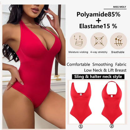 Sexy Thong Bodysuit Tummy Control Women Shapewear Halter Neck Flat Belly Body Shaper Slimming Flat Belly Underwear Open Crotch