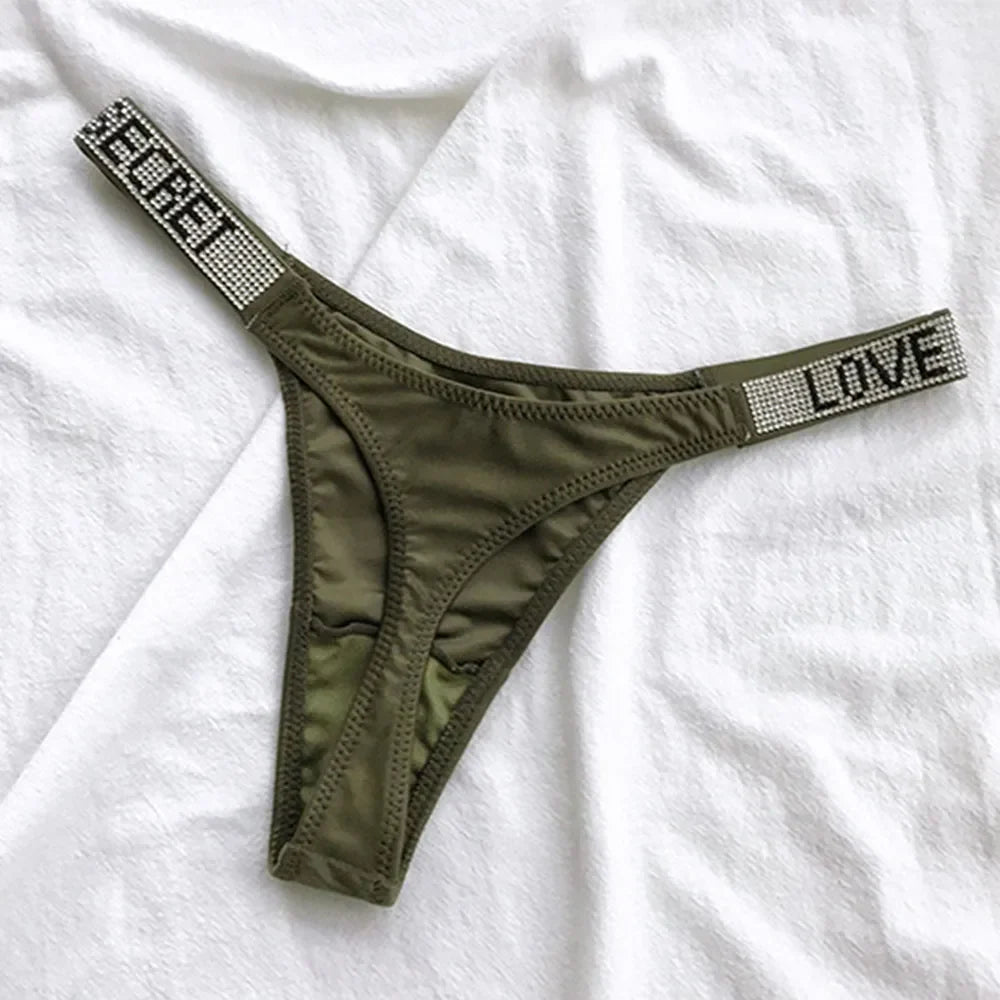 Sexy Triangle Fitness Sports With Letter Low Rise Briefs Sexy T-Back G-string Women Panties Rhinestone Thong