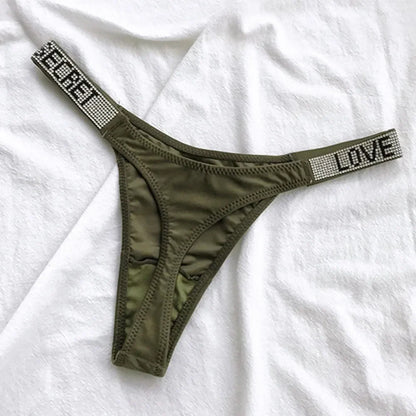 Sexy Triangle Fitness Sports With Letter Low Rise Briefs Sexy T-Back G-string Women Panties Rhinestone Thong