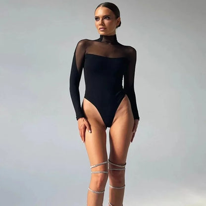 2025 Patchwork See Through Mesh Bodysuit Women's Sexy Long Sleeve Turtleneck Jumpsuit Chic Elegant High Waist Tops Bodysuits
