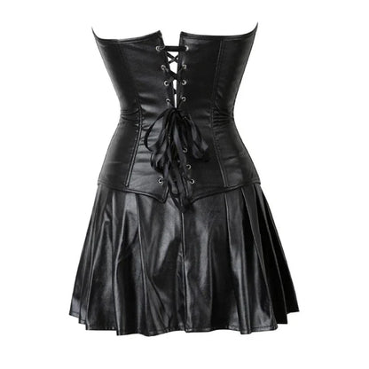 Faux Leather Corset Top Women Leather Corset Dresses Zipper Gothic PU Leather Corset Sexy Ladies Eyelet Up Pleated Dress Corsets