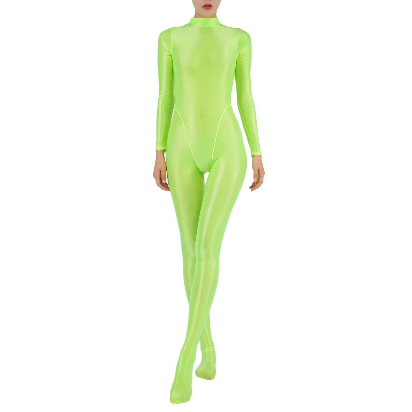 Womens Glossy Full Body Jumpsuit See Through Sheer Catsuits Bodystockings Long Sleeve Footed One Piece Gym Yoga Tights Bodysuit