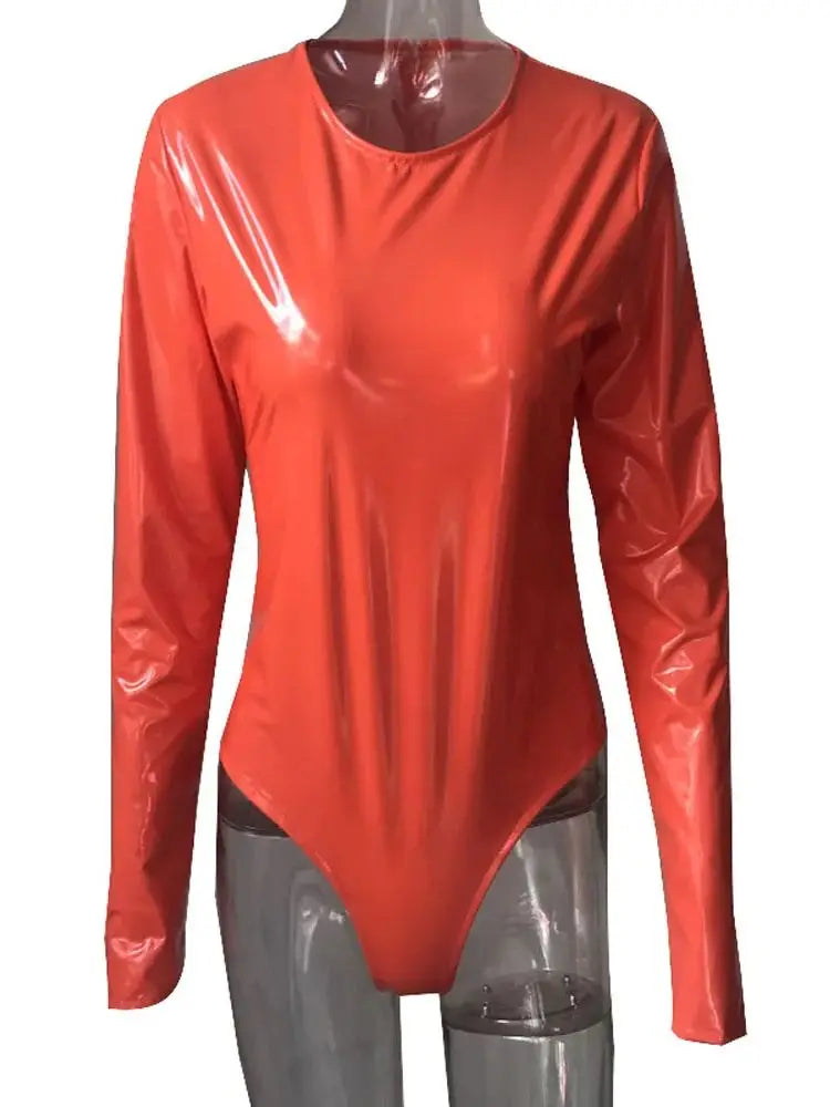 Wet Look PVC Catsuit Shiny PU Leather Long Sleeve Bodysuit Swimsuit Tights Body Teddies Sexy Clubwear Leotard Unitard Shirt Tops