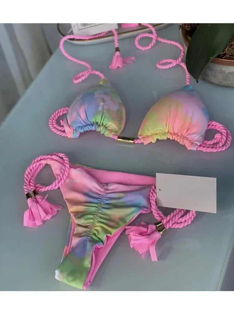 Sexy Swimsuit Women Triangle Bikinis Set Thong Bandage Swimsuits Solid Color bathing suit  Two Piece String Swimear Beach Wear