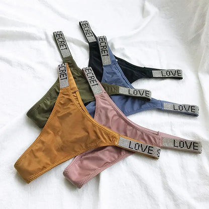 Sexy Triangle Fitness Sports With Letter Low Rise Briefs Sexy T-Back G-string Women Panties Rhinestone Thong