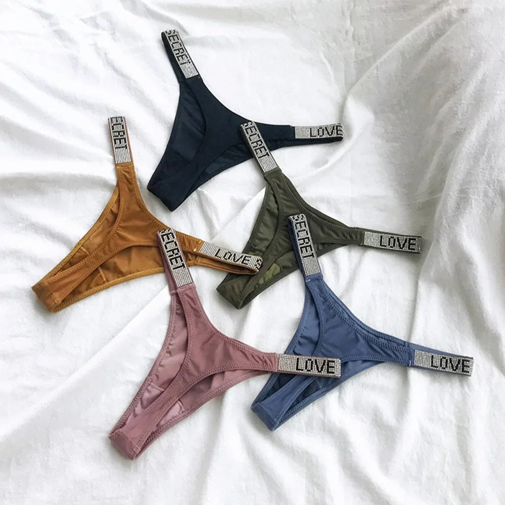 Sexy Triangle Fitness Sports With Letter Low Rise Briefs Sexy T-Back G-string Women Panties Rhinestone Thong