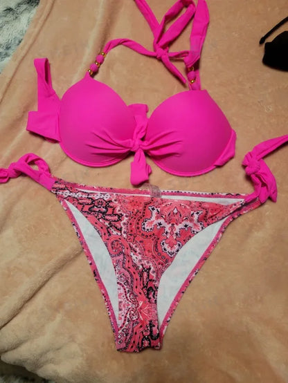 2024 New Print 2-piece Swimsuit for Women,hard Cup Suspender Push Up Bikini Set,summer Beach Vacation Backless Bathing Suit