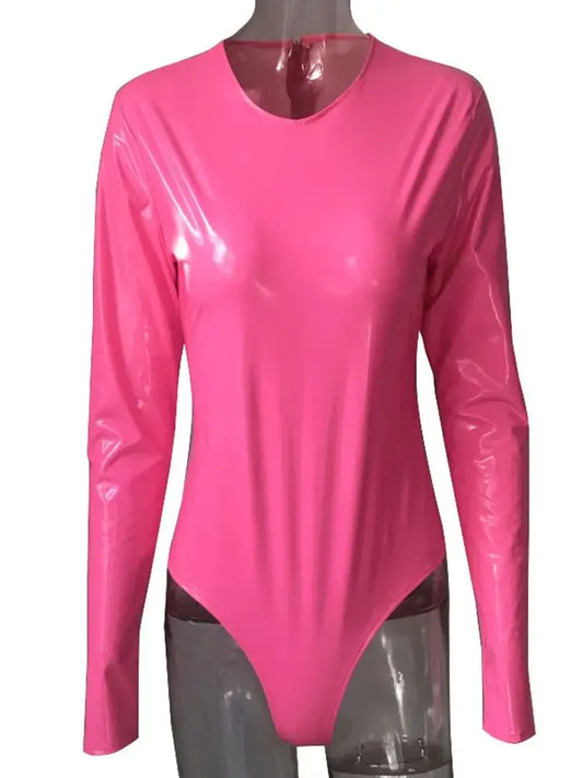 Wet Look PVC Catsuit Shiny PU Leather Long Sleeve Bodysuit Swimsuit Tights Body Teddies Sexy Clubwear Leotard Unitard Shirt Tops
