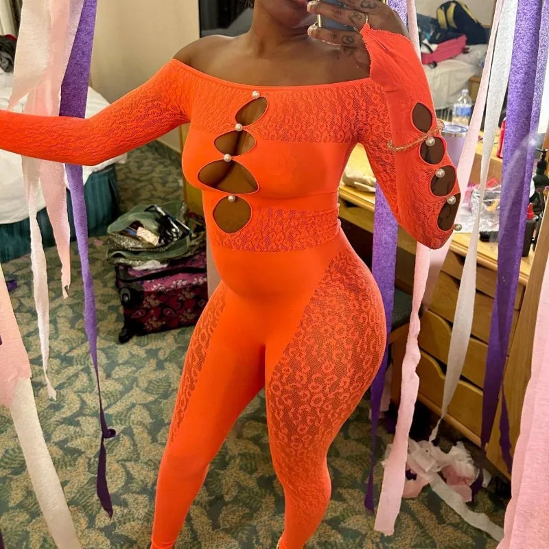 Viral Cheetah Bodysuit Pearl Embellished Mesh Lingerie Seductive Jacquard Catsuit for Women Flirtatious See Through Outfit