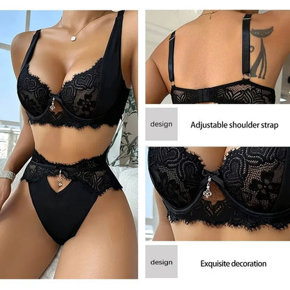 Women's Sexy Lace Lingerie Set with Black Lace Patchwork and Pendant Decoration for Women Sexy Bra Set