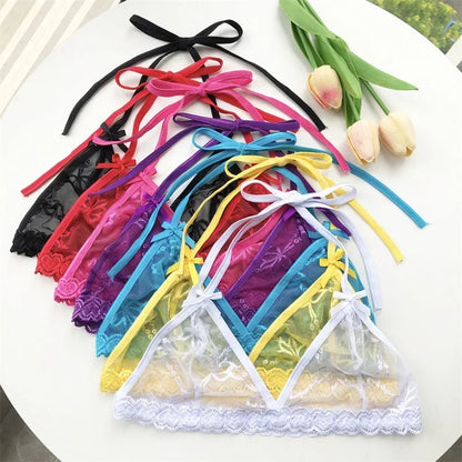 Name Custom Crystal Letter Thong Lace Tie Neck Bikini Bra Panties Sexy Personalized Name Low Waist G-String Underwear Bra Set