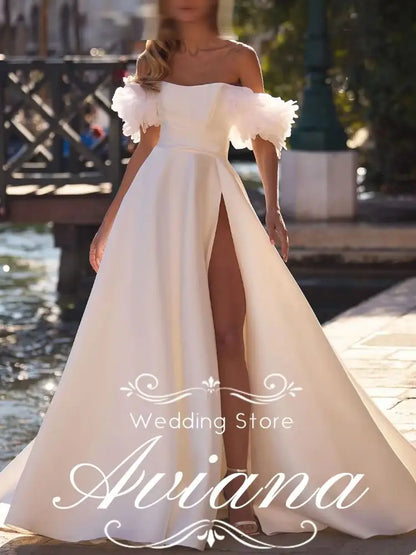 Aviana Customized A-Line Satin Pleats Ruching Off Shoulder Zipper Back Ruffles Lace lining Fairy Garden Wedding Dress Woman Sexy