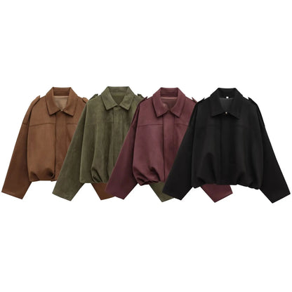 HH Women Brown Green Suede Jacket Loose Casual Bomber Coat Lapel Zipper Long Sleeve Jackets Vintage Lady Motorcycle Outwears
