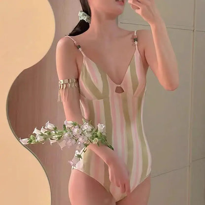OIINAA Swimming Suit for Women Striped Contrast Color Bodysuit Halter Beading Sexy Bathing Suit Summer 2025 New Korean Beachwear