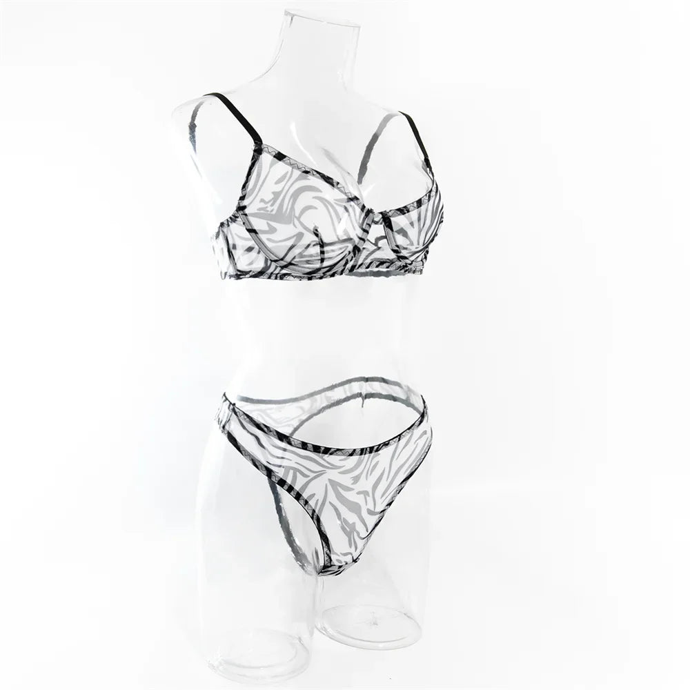 Krasapt Sexy Leopard Printing Lingerie 2Pcs Sets Ultrathin Mesh Transparent Bras And Panties Comfortable Intimate Undwear Set