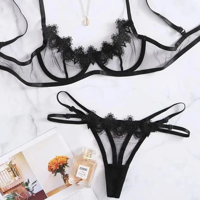 Women Lingerie Set Bra Thongs Underwire Two Piece Bowknot Transparent Mesh Lace Steel Ring Lingerie Underwear Erotic Sexy Bras