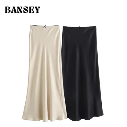 2024 Spring Women's Satin Bow-Decorated High-Waist A-Line Long Skirt - Vintage Chic Fashion