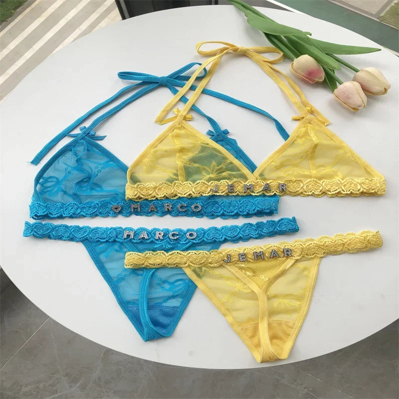 Custom Name Crystal Letter Thong Lace tie Hanging neck Bikini Bra Panties Sexy Personalized Name G-String Underwear Bra Set