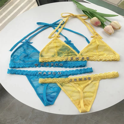 Custom Name Crystal Letter Bra and Panties Sets Sexy Lace Halter Bra Thong Personalized Customized Name Underwear G-String Gift