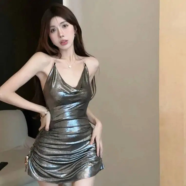 Sliver Mini Dress Sexy Spicy Girl Pile Collar Hanging Neck Bright Open Back Dress Elegant Girl Fashion Sweet