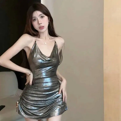 Sliver Mini Dress Sexy Spicy Girl Pile Collar Hanging Neck Bright Open Back Dress Elegant Girl Fashion Sweet
