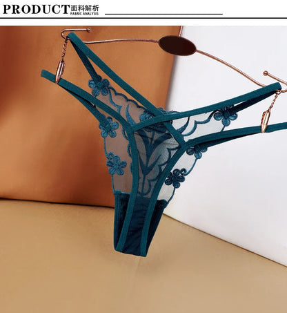 Sexy Embroidered and Hollowed-out Women's Thong, Party Vacation Jacquard Women's Panties - Purple and Green.