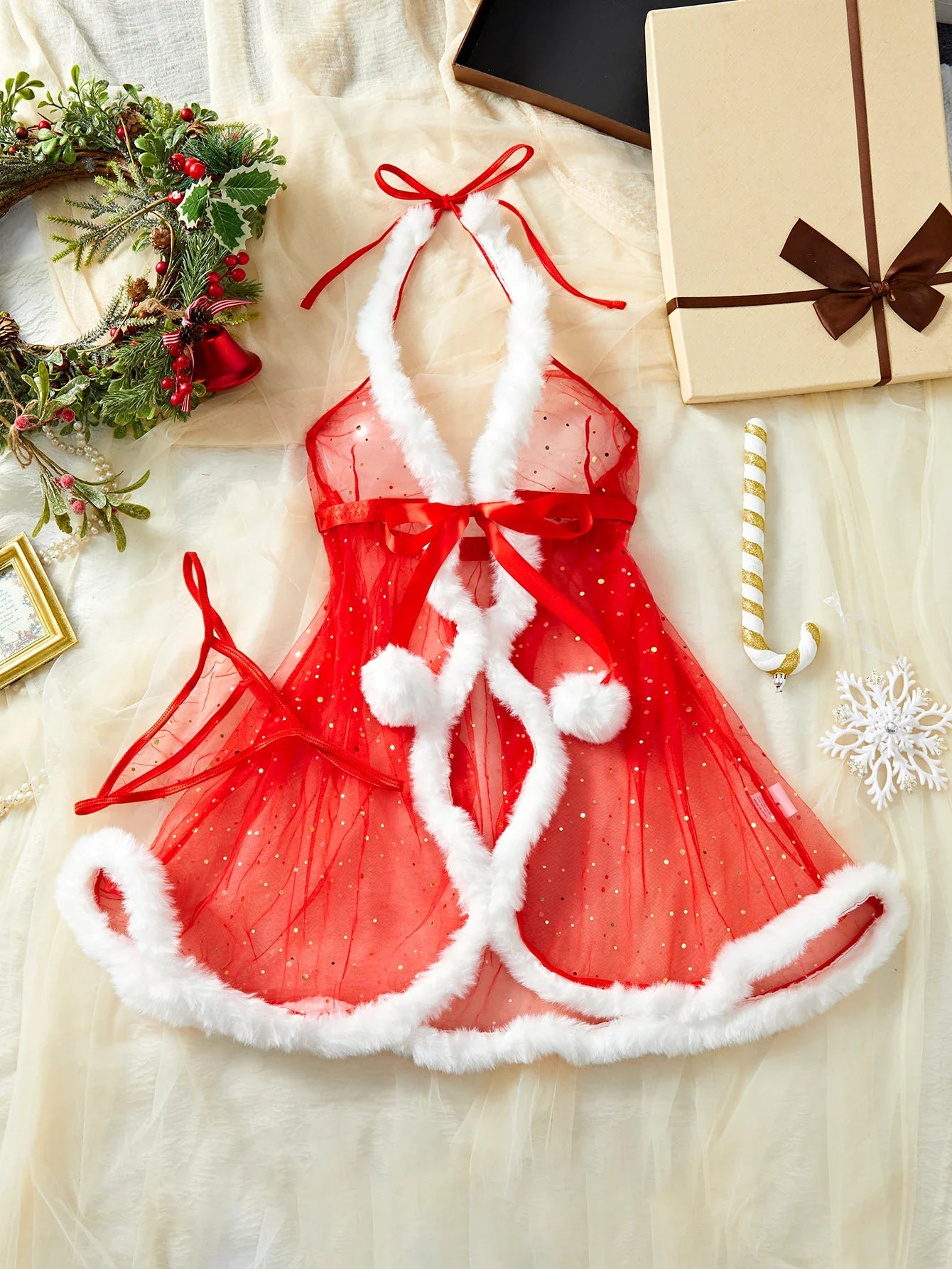 New Sexy Lingerie Christmas Exclusive Pajamas Seductive Expose The Body Exotic Red Lace Up Plush Skirt Babydolls Women Two-piece
