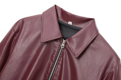 HH Wine Red Faux Leather Jakcet Fashion Outerwear Thicken Zipper Lapel Pu Coats Autumn Winter Streetwear Ladies Tops Women