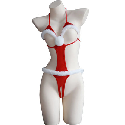 Womens Christmas Lingerie Bodysuit Halter Neck Hollow Out High Cut Velvet Babydoll Teddy Xmas Holiday One Piece Lingerie Leotard