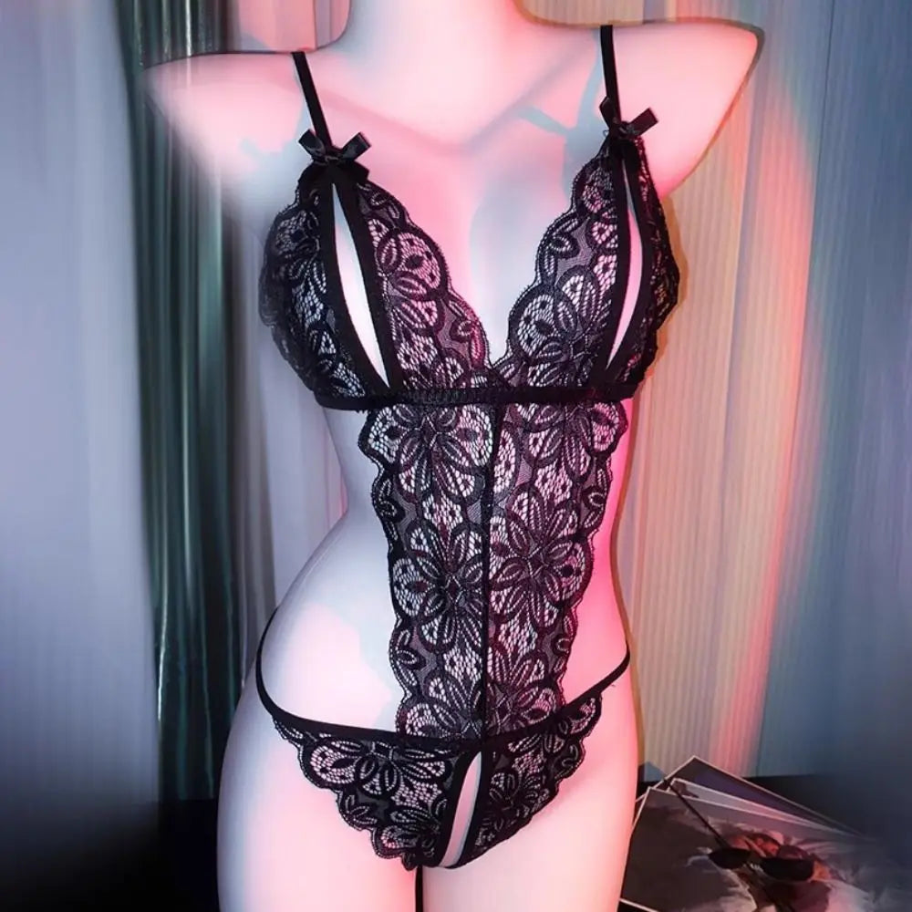 Sweet Deep V Neck Lace Bow Bodysuit Mesh Hollow Transparent Women Lingerie Jumpsuits Sleeveless Lace Sling Nightwear Gifts