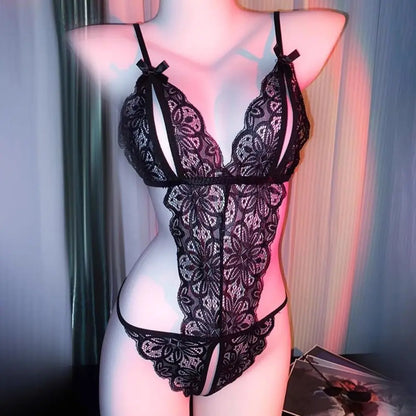 Sweet Deep V Neck Lace Bow Bodysuit Mesh Hollow Transparent Women Lingerie Jumpsuits Sleeveless Lace Sling Nightwear Gifts