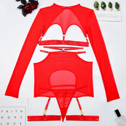 Diccvicc Long Sleeve Lingerie Sexy Sheer Mesh Porn Top Crotchless Skirt Naked Bandage Women Underwear Uncensored Erotic Costume
