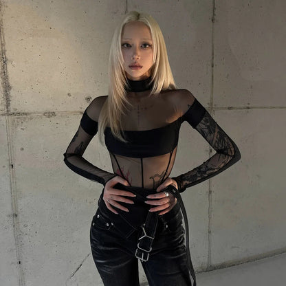 See Through Mesh Splicing Sexy Bodysuit Lingerie One-pieces Y2k Clothes Long Sleeve Body Feminino Hot Tops For Women Rave Outfit