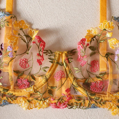 Sexy Women's Lace Lingerie 3Pcs Sets Fancy Flowers Embroidery Transparent Bras And Thongs Underwear Set Erotic Intimate Suits ﻿