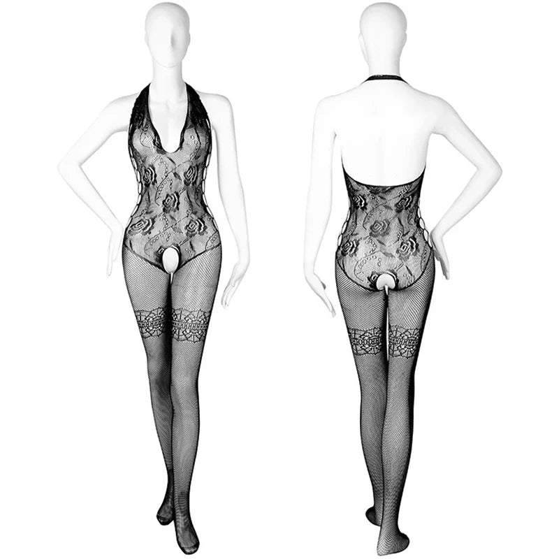 Erotic Crotchless Lingerie For Women Mesh Translucent Bra Set Lace Floral Print Bodysuit Fishnet Sexy Hollow Out Underwear Set