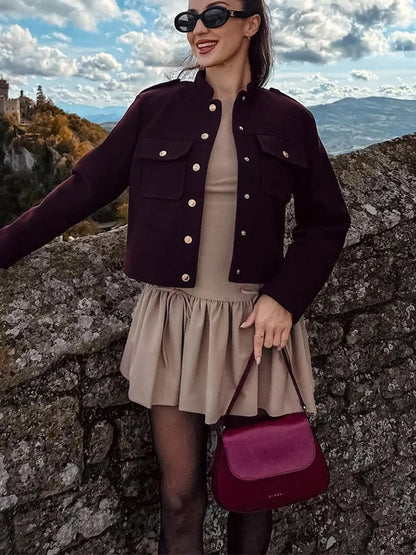 HH 2024 Fashion Women Soft Tweed Bomber Jacket O-Neck Long Sleeve Pockets Buttons Loose Woolen Coat Female Streetwear