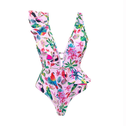 2025 New Sexy V-Neck One Piece Swimsuit Belt Swimwear Women Ruffle Monokini Push Up Swim Suit Colorful Bathing Suit Female Beach