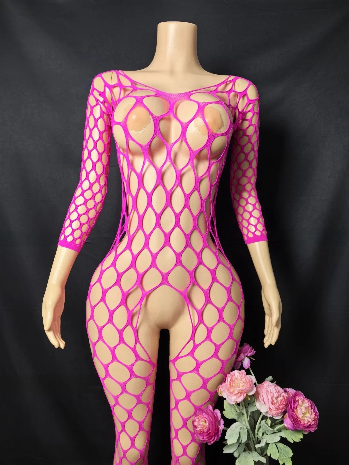 Bodycon Elasticity Transparent Mesh Long sleeves Bodysuit Women's Fashion Pajamas Fishnet Short Night Club Party Mesh Clothes